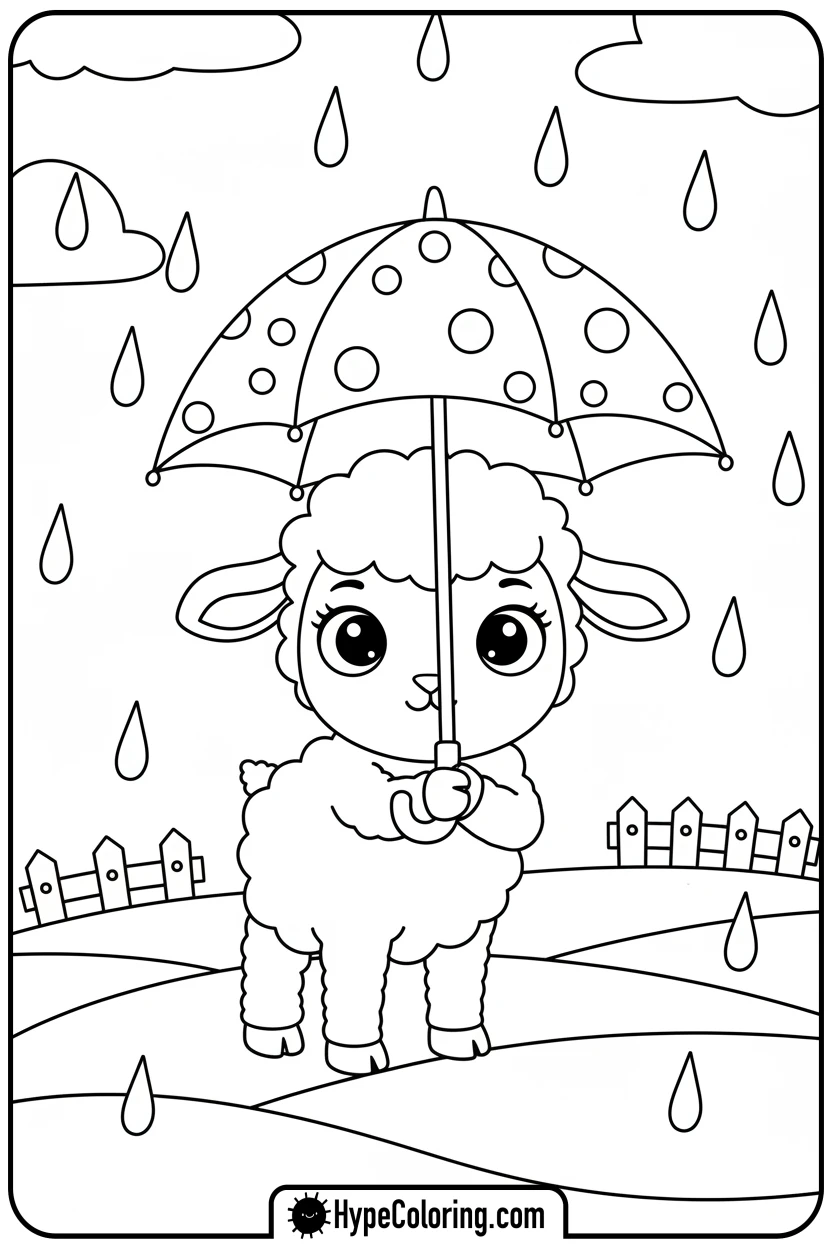 lamb-with-umbrella-in-rain - lamb coloring page