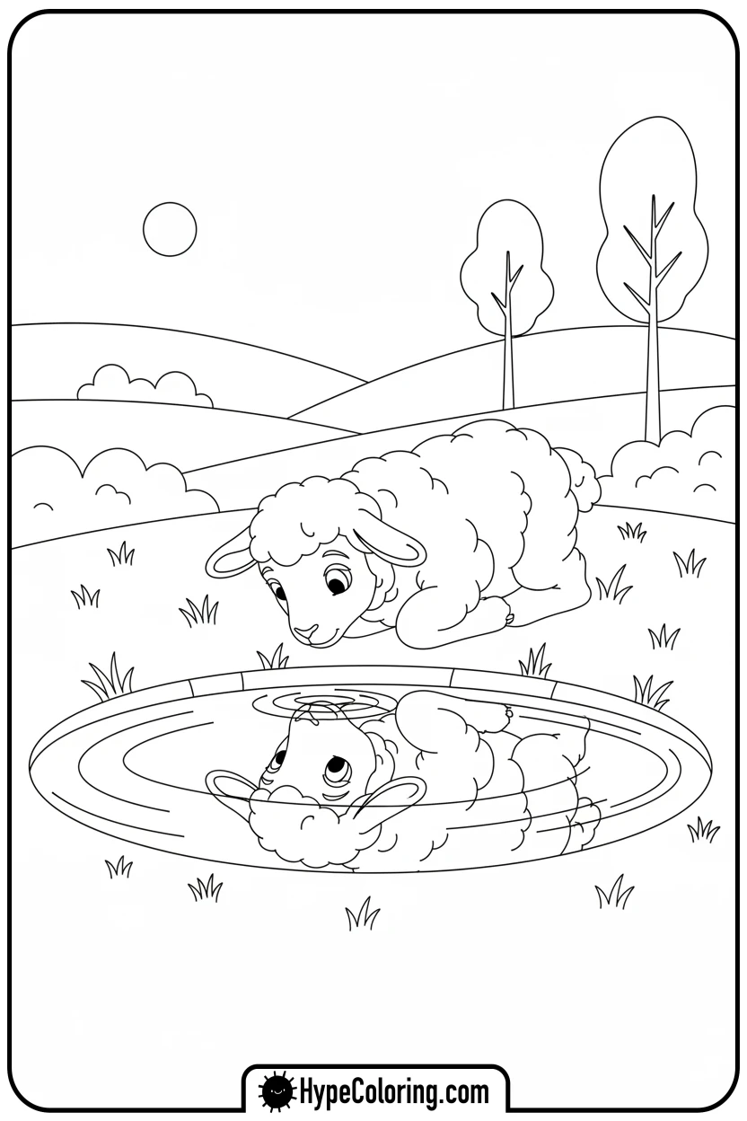 lamb-looking-at-reflection - lamb coloring page