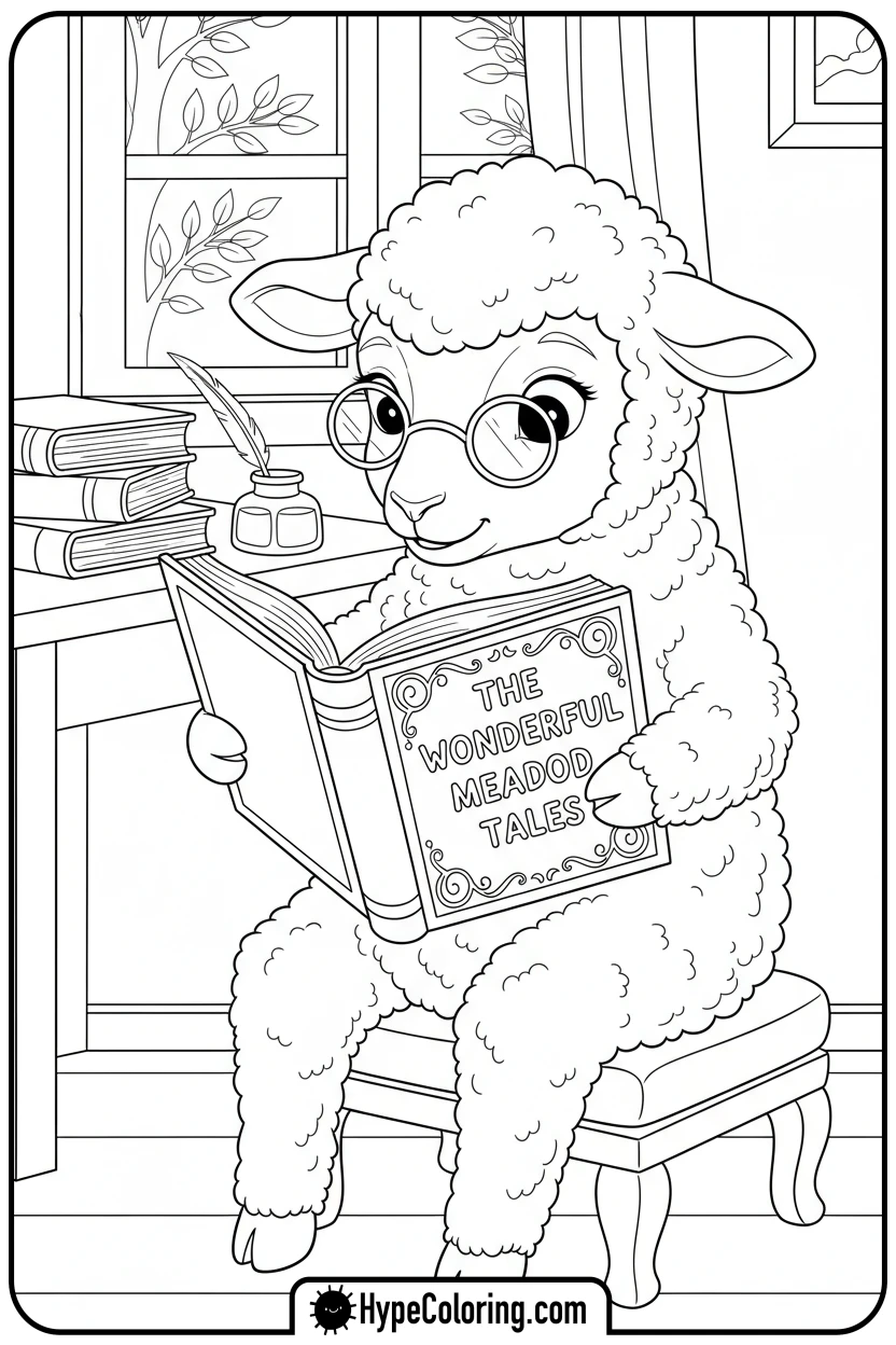 lamb-reading-a-book - lamb coloring page