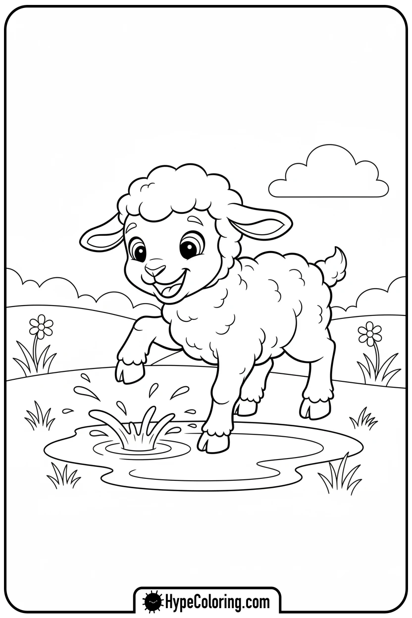 lamb-splashing-in-puddle - lamb coloring page