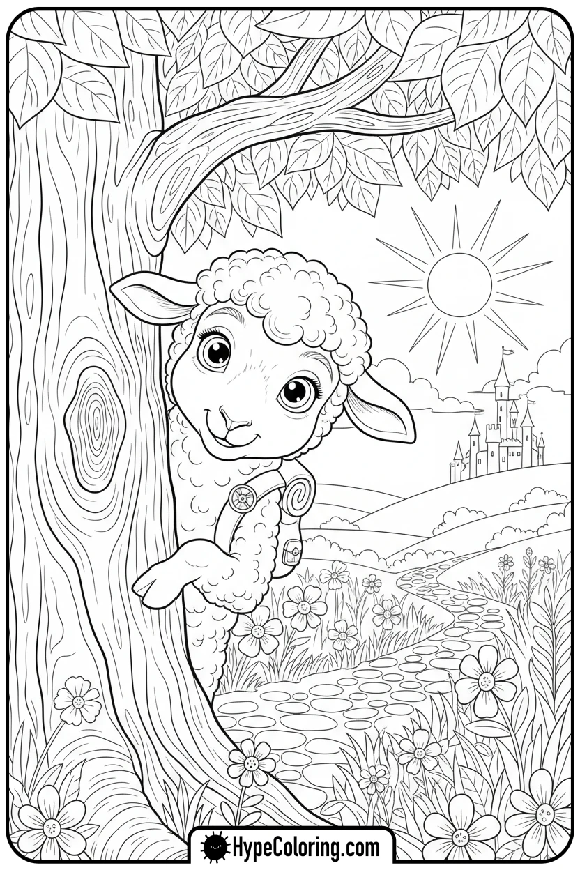 lamb-peeking-from-tree - lamb coloring page