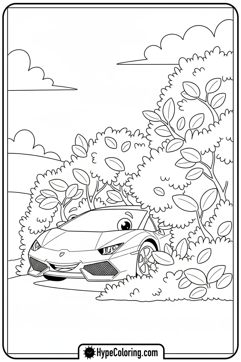Click to download PDF lambo-peeking-from-bush - lambo coloring pages