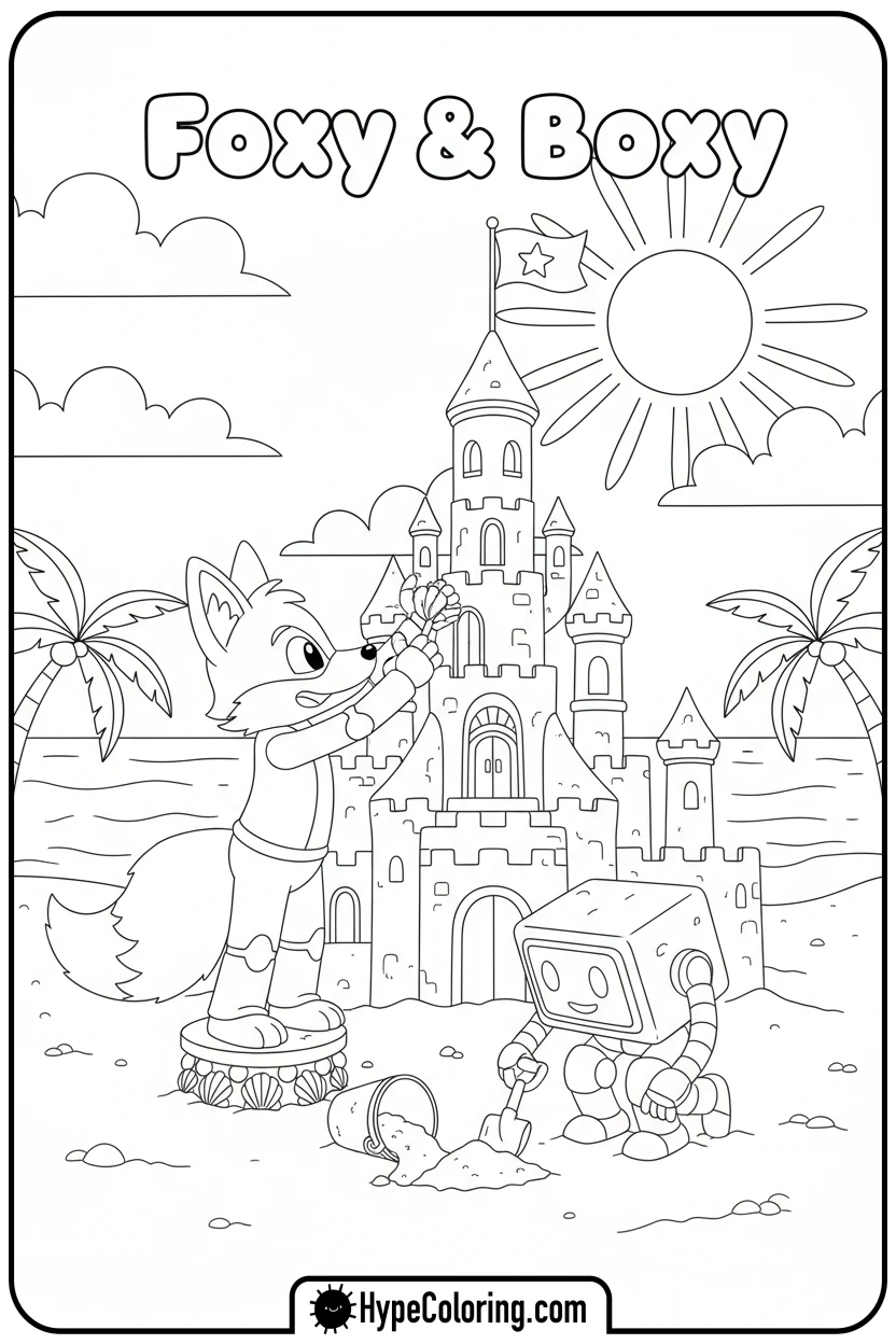 Click to download PDF foxy-and-boxy-building-sandcastle - lankybox coloring pages