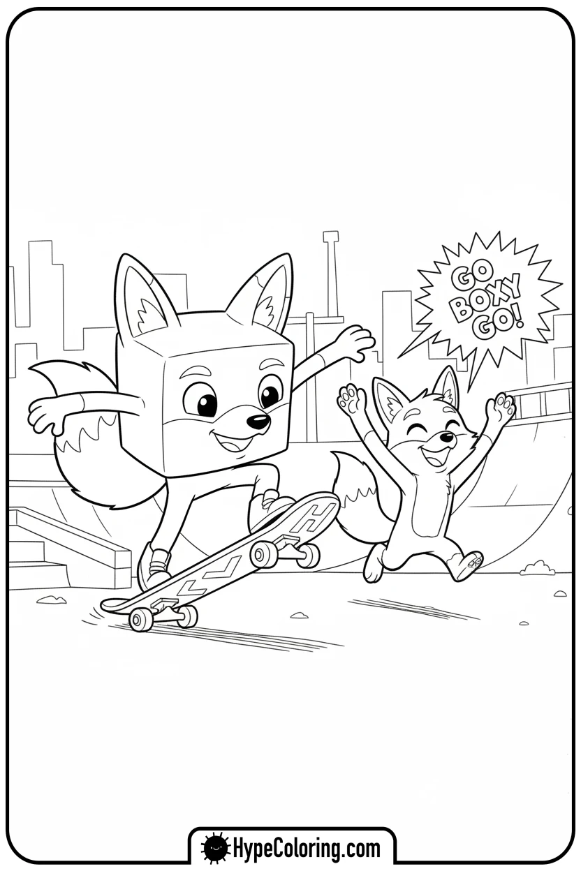 Click to download PDF boxy-skateboarding-with-foxy-cheering - lankybox coloring pages