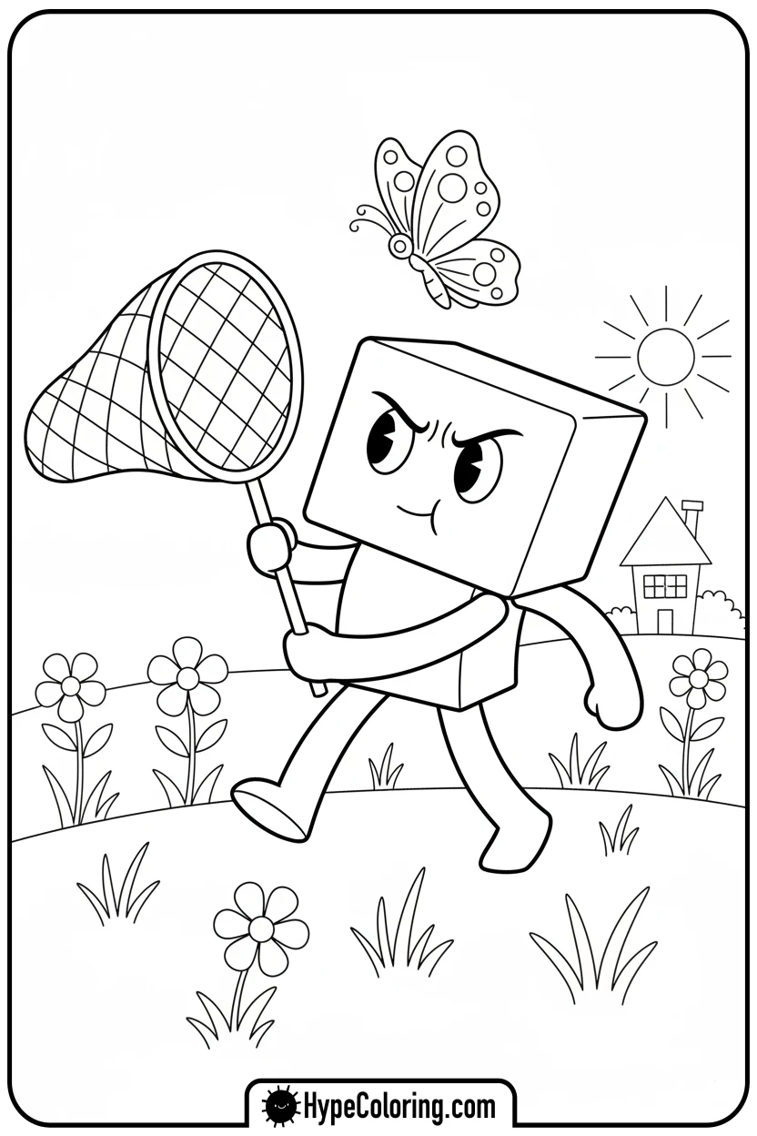 Click to download PDF boxy-catching-butterfly-with-net - lankybox coloring pages