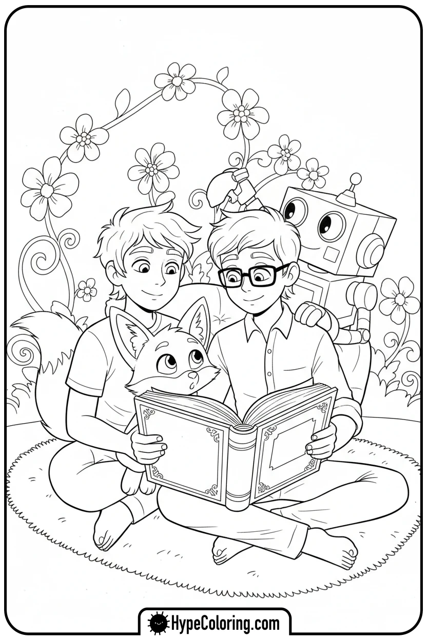 Click to download PDF justin-and-adam-reading-to-foxy-and-boxy - lankybox coloring pages
