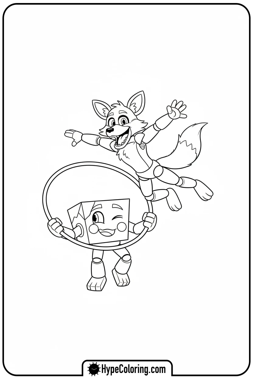 Click to download PDF foxy-jumping-through-hoop-held-by-boxy - lankybox coloring pages