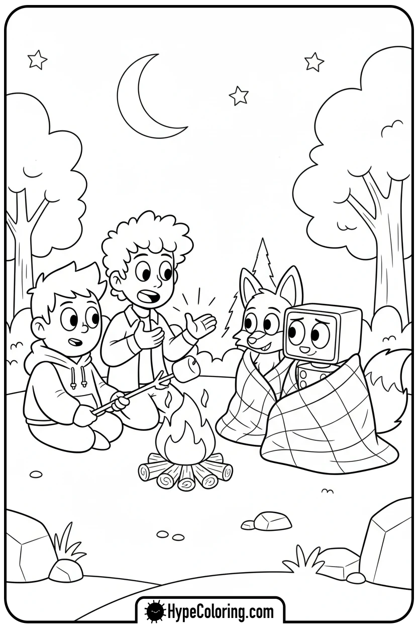 Click to download PDF lankybox-characters-around-campfire - lankybox coloring pages