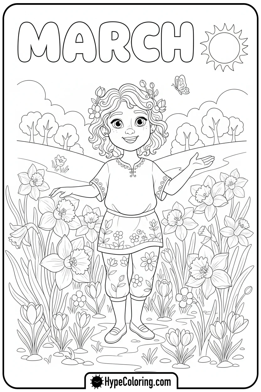 march-in-a-field-of-spring-flowers - march coloring page