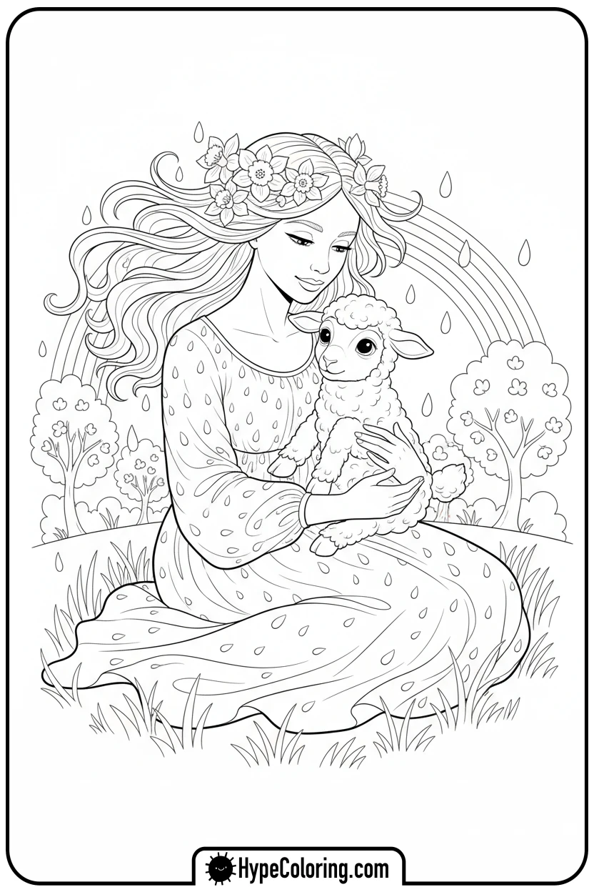 march-holding-a-baby-lamb - march coloring page