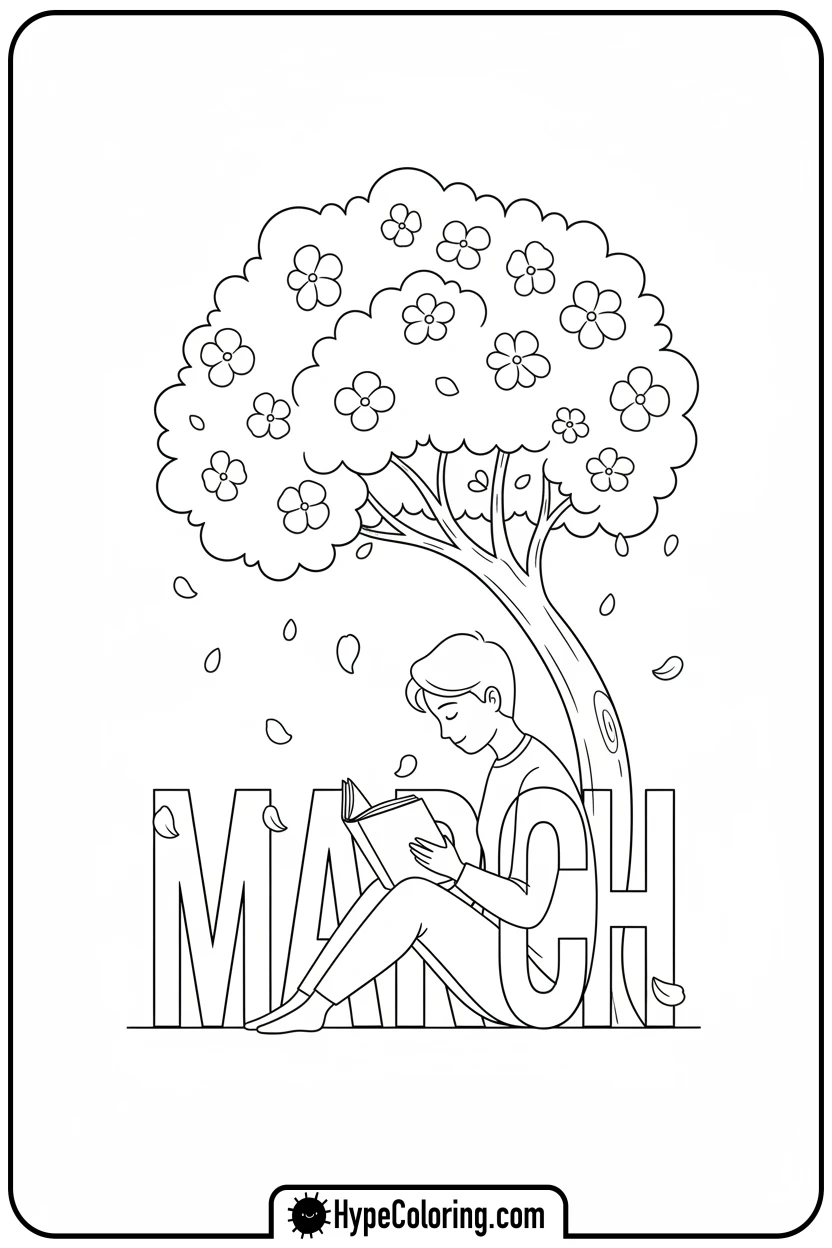 march-reading-under-a-blossoming-tree - march coloring page