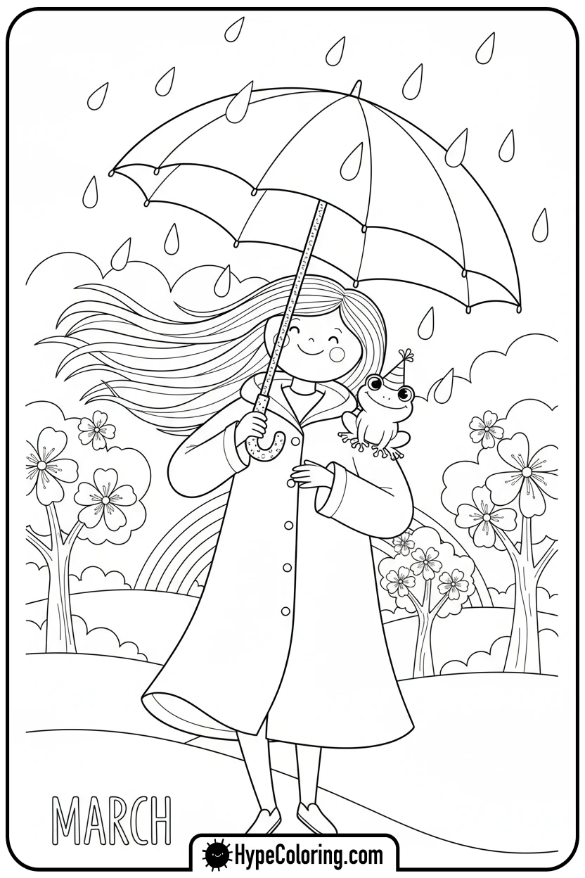 march-sharing-umbrella-with-frog-friend - march coloring page