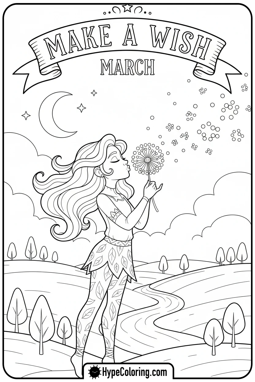 march-blowing-dandelion-seeds - march coloring page