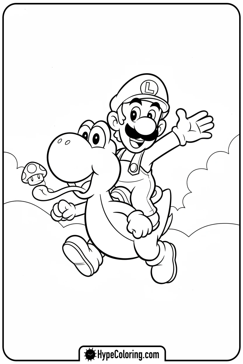 Click to download PDF luigi-riding-yoshi-eating-mushroom - mario luigi coloring pages