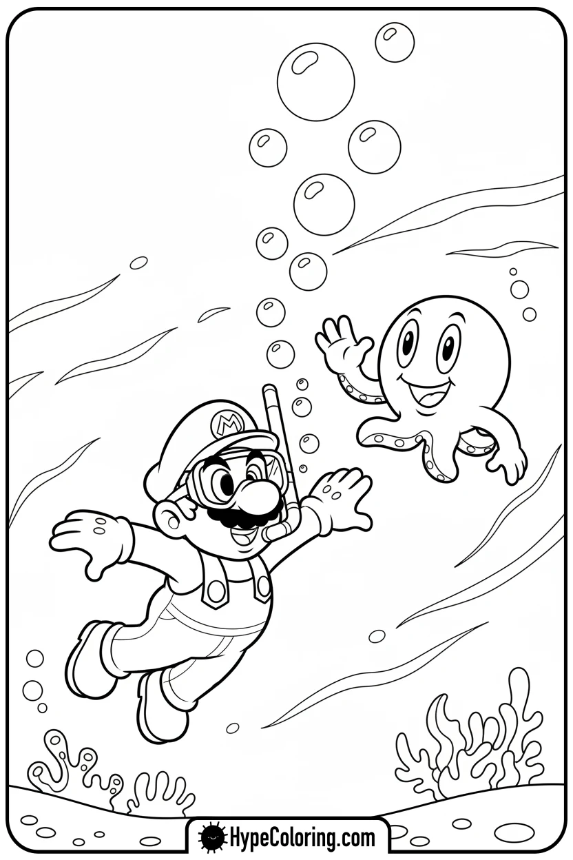 Click to download PDF mario-swimming-with-blooper - mario luigi coloring pages