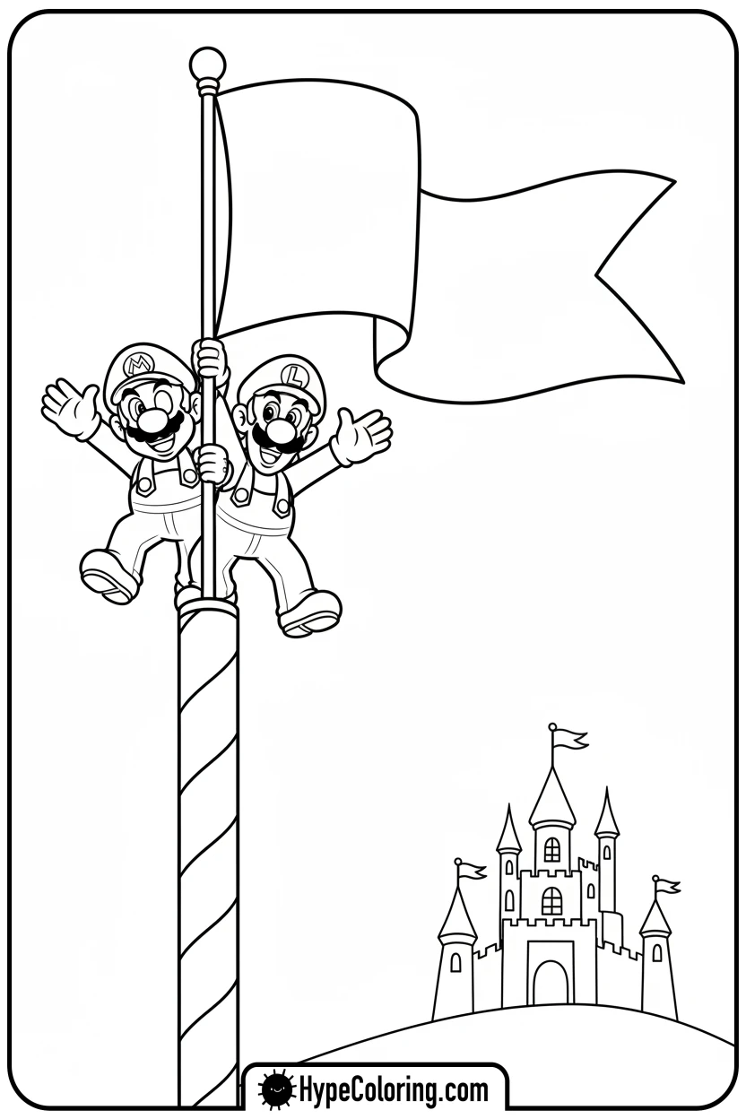 Click to download PDF mario-and-luigi-at-flagpole - mario luigi coloring pages