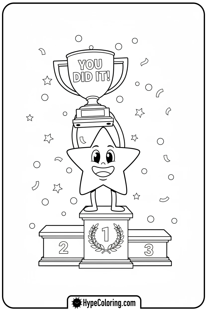 star-holding-trophy-on-podium - motivational coloring pages
