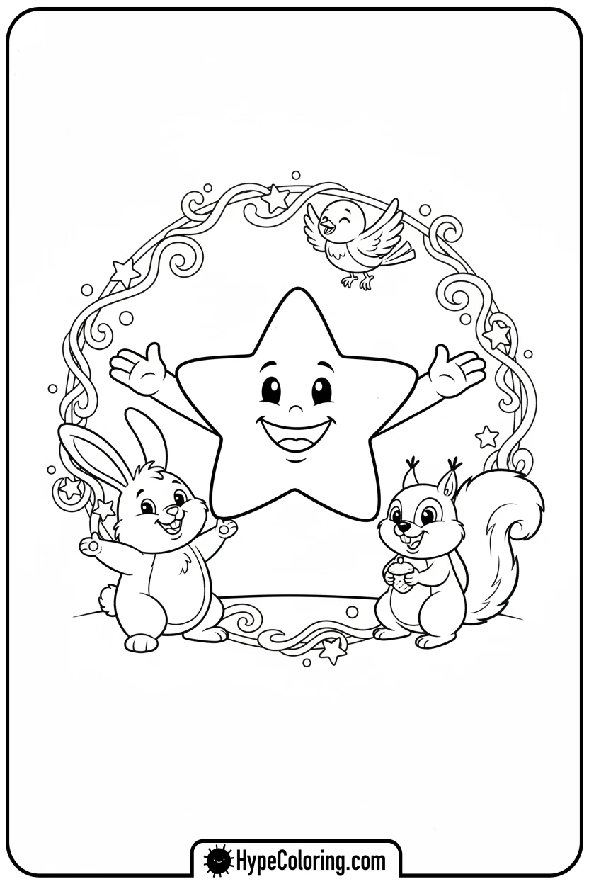 star-inviting-animal-friends-to-play - motivational coloring pages