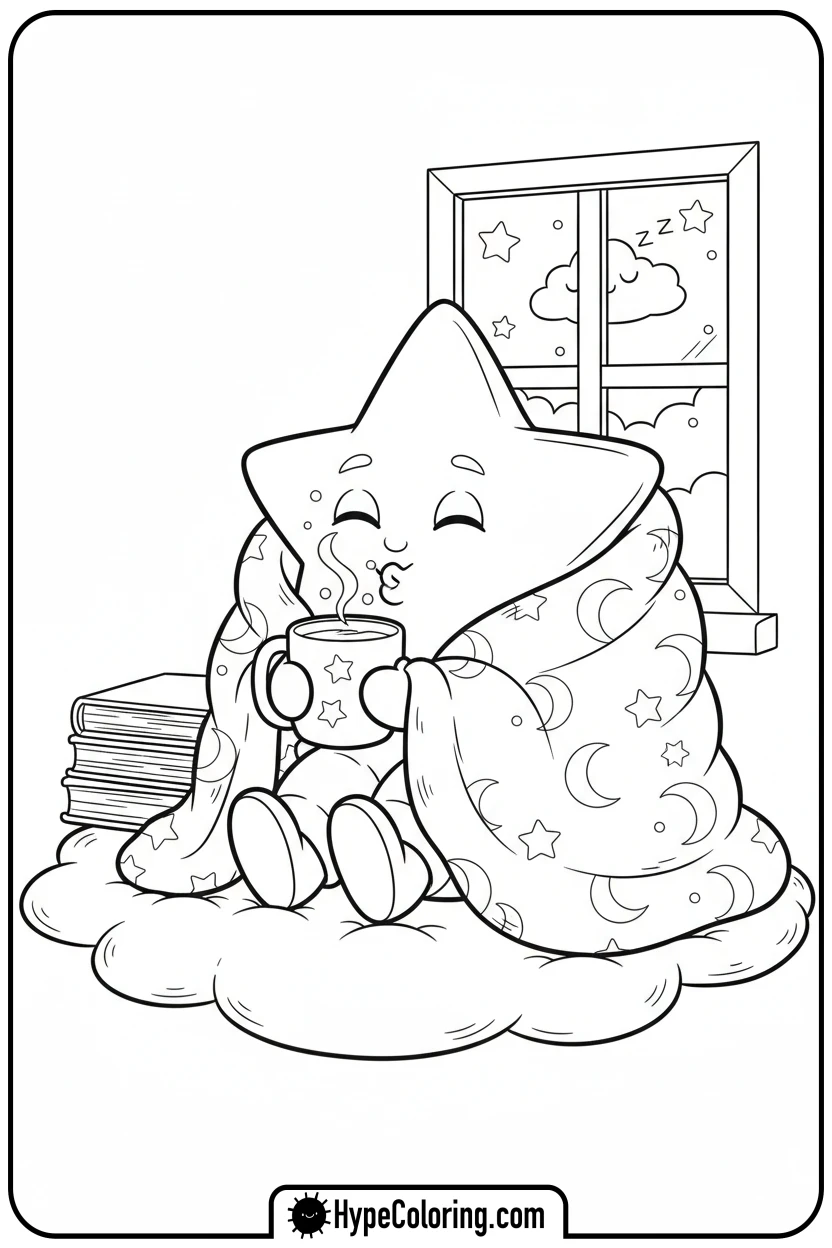 star-relaxing-with-mug-and-blanket - motivational coloring pages