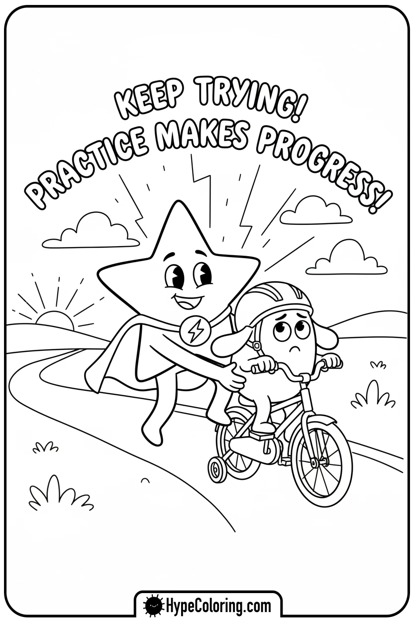 star-helping-friend-ride-bike - motivational coloring pages