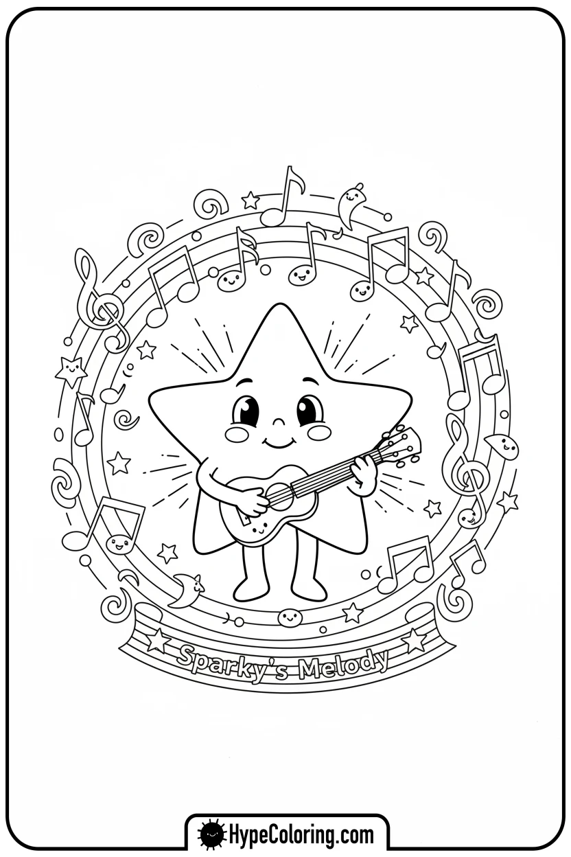 star-playing-ukulele-with-music-notes - motivational coloring pages
