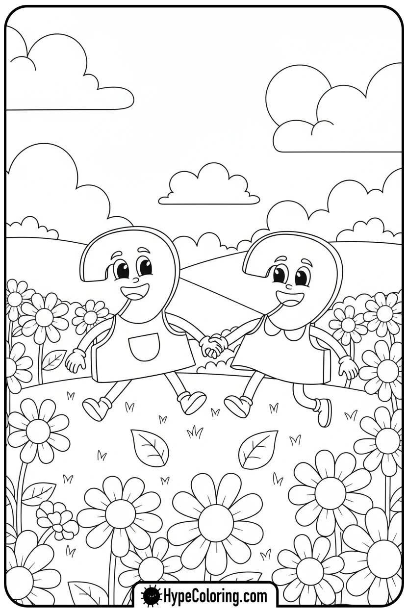 number-two-skipping-in-flowers - number block coloring pages