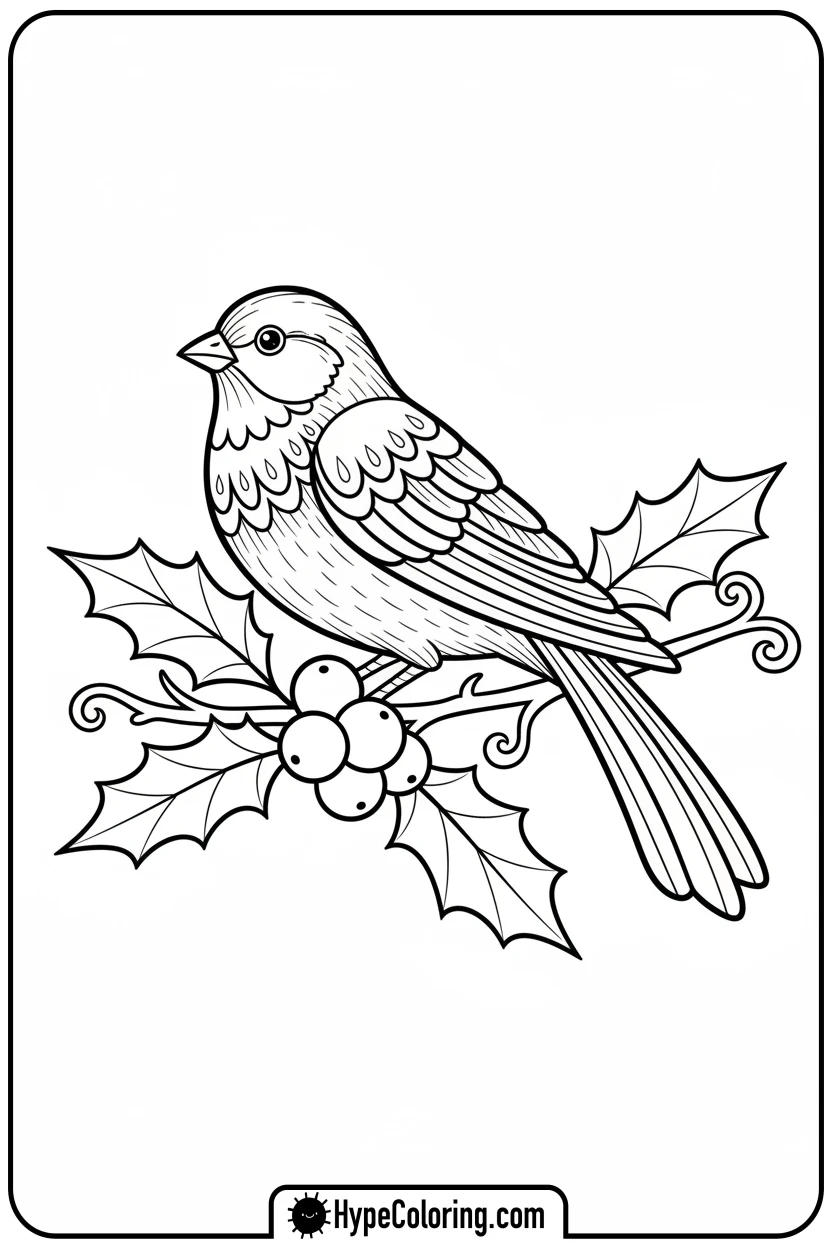 vintage-bird-on-holly-ornament - ornament coloring pages