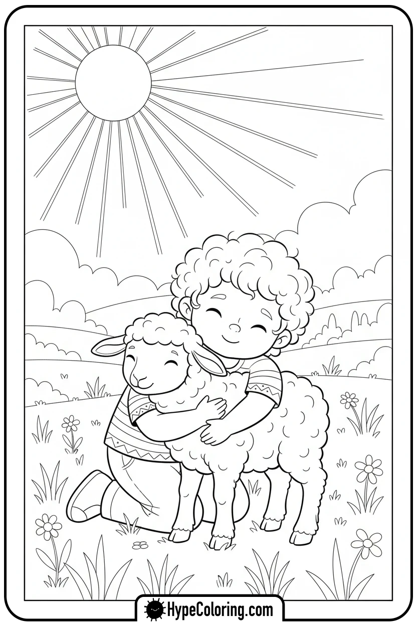 child-hugging-a-lamb - fruit of the spirit coloring page