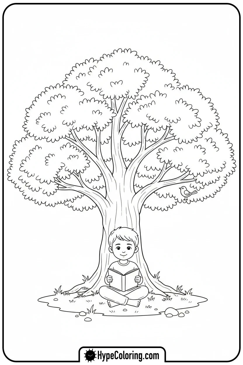child-reading-under-tree-peacefully - fruit of the spirit coloring page