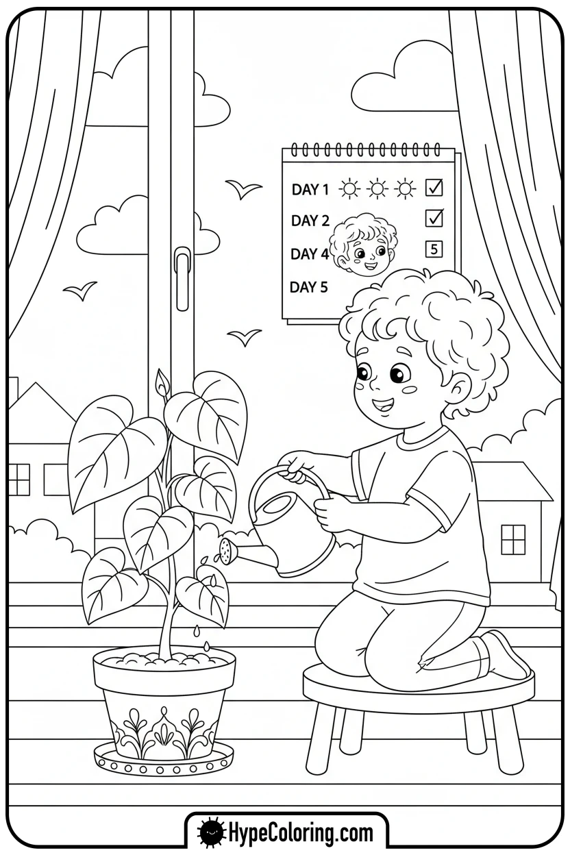 child-watering-plant-faithfully - fruit of the spirit coloring page