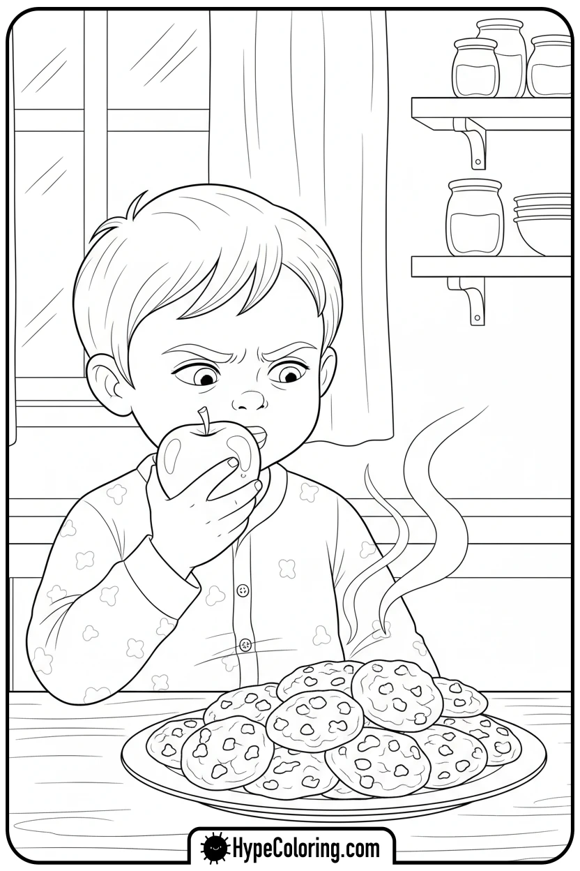 child-showing-self-control-with-food - fruit of the spirit coloring page