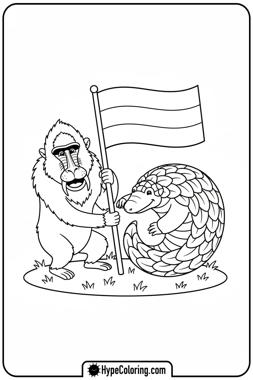 mandrill-and-pangolin-holding-gabon-flag - gabon flag coloring page