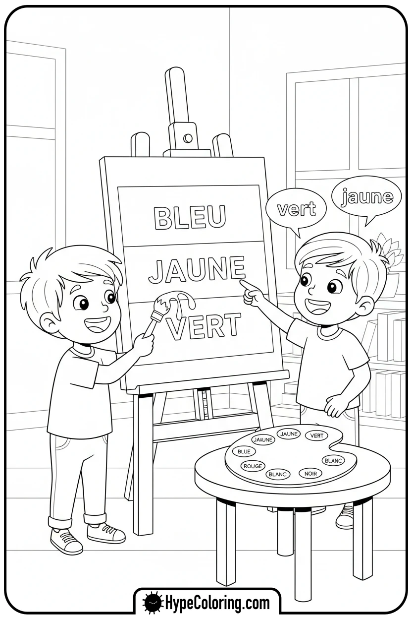 kids-painting-gabon-flag-on-easel - gabon flag coloring page