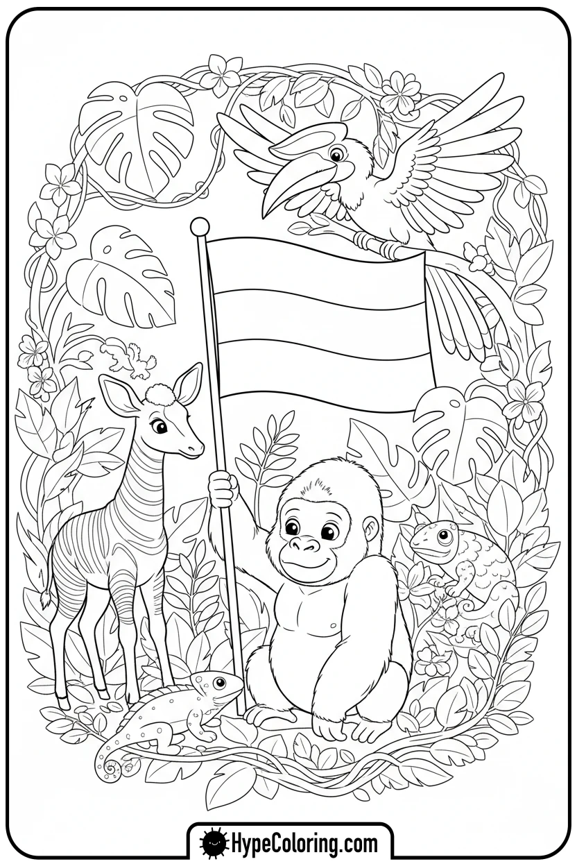 gabonese-animals-with-gabon-flag - gabon flag coloring page