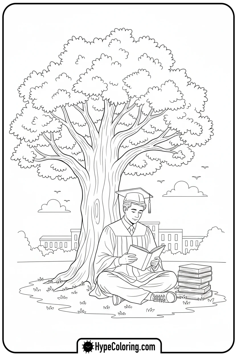 graduate-reading-under-tree - grad coloring pages