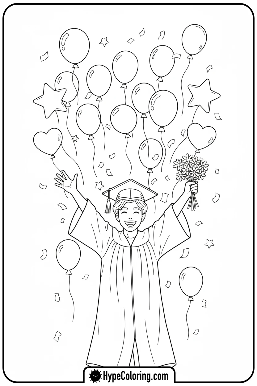 graduate-with-balloons-and-confetti - grad coloring pages