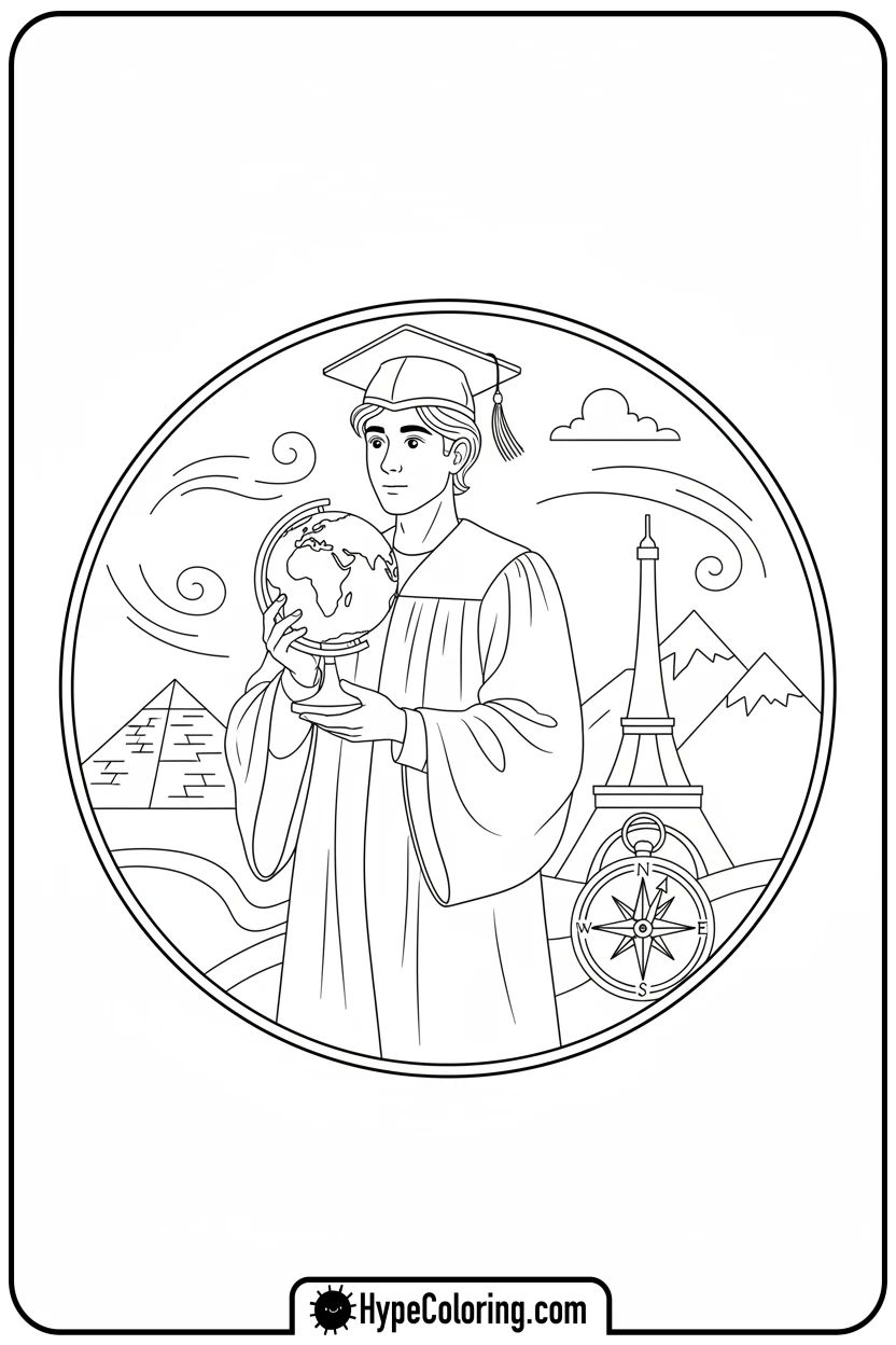 graduate-holding-globe - grad coloring pages