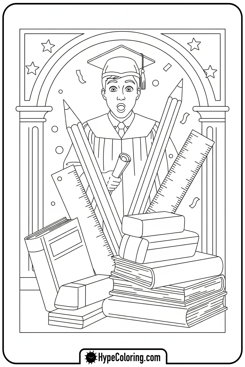graduate-with-school-supplies - grad coloring pages