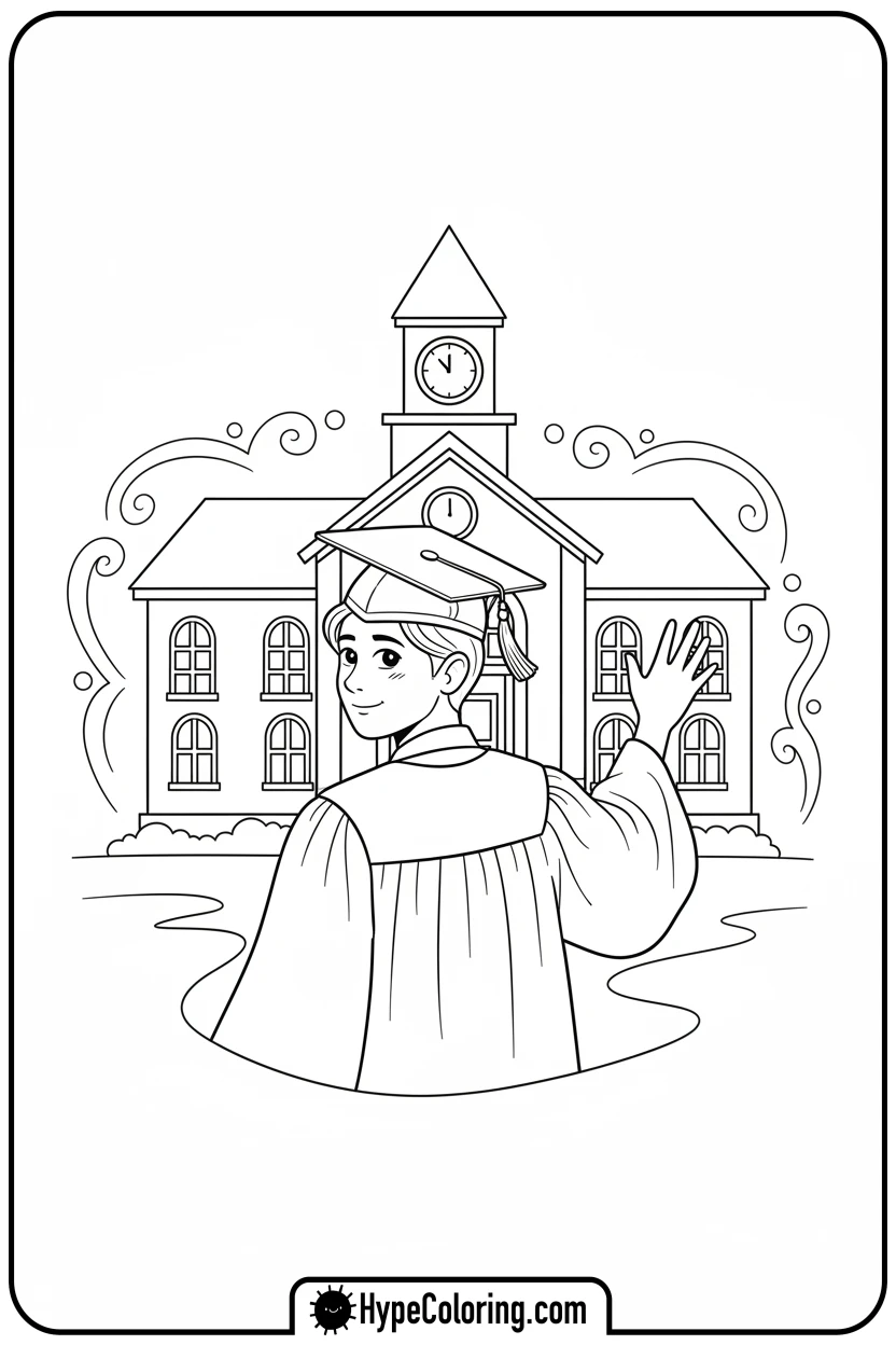 graduate-waving-goodbye-to-school - grad coloring pages