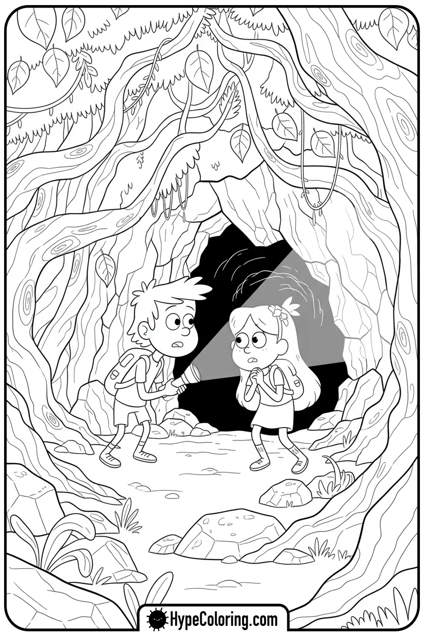 dipper-and-mabel-exploring-cave - gravity falls coloring pages