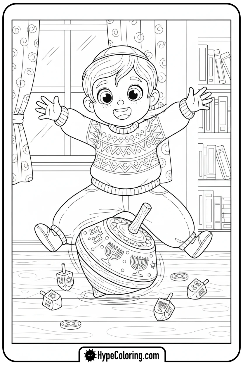 child-spinning-dreidel - hanukkah coloring pages