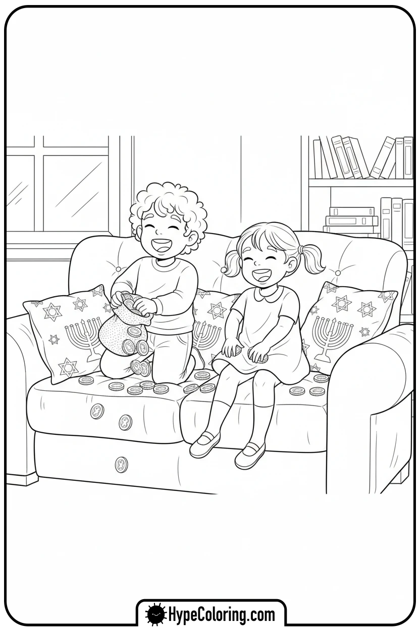 kids-finding-gelt - hanukkah coloring pages