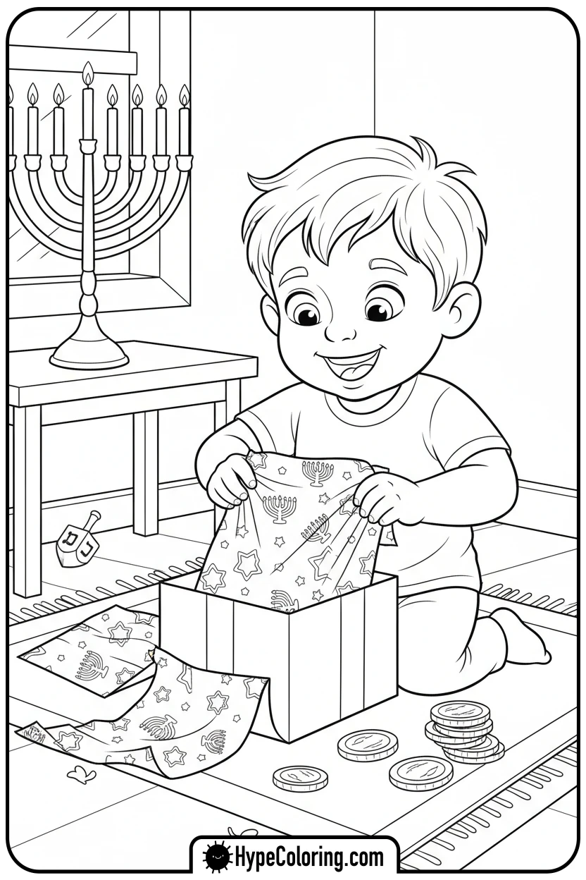 child-opening-gift - hanukkah coloring pages