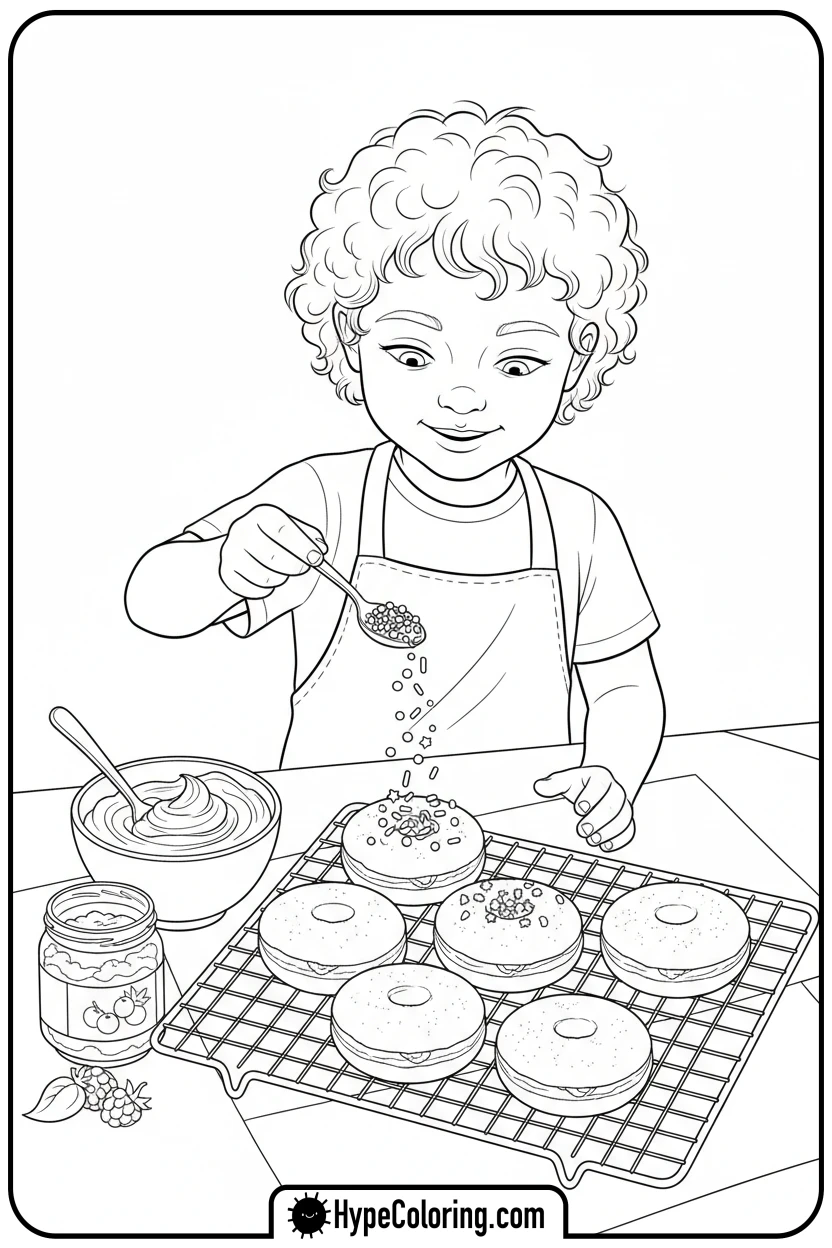 child-decorating-donuts - hanukkah coloring pages