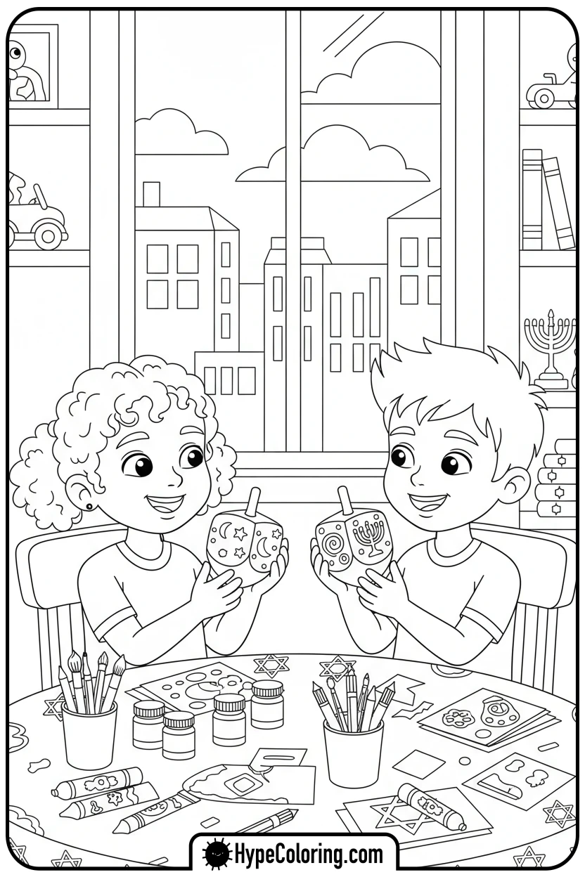 kids-showing-dreidels - hanukkah coloring pages