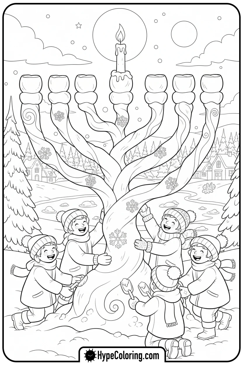 snow-menorah-building - hanukkah coloring pages