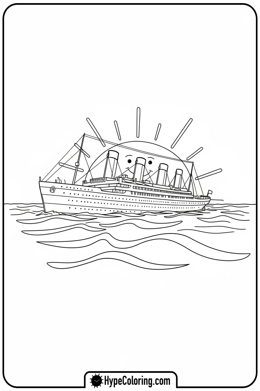 titanic-on-calm-ocean-with-sun - coloring pages of titanic