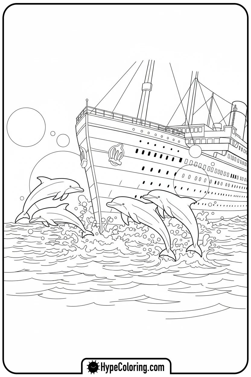 dolphins-by-titanic-bow - coloring pages of titanic