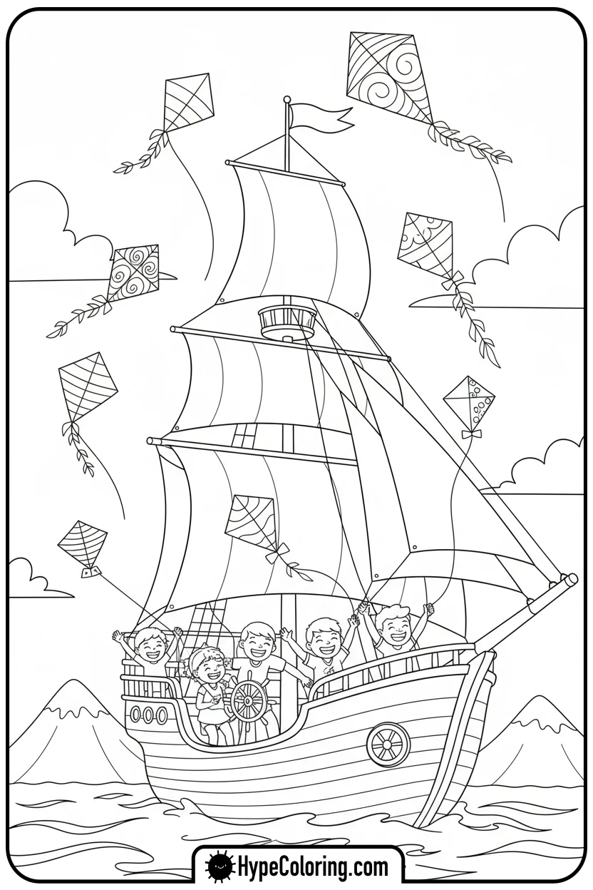 kids-flying-kites-on-titanic - coloring pages of titanic