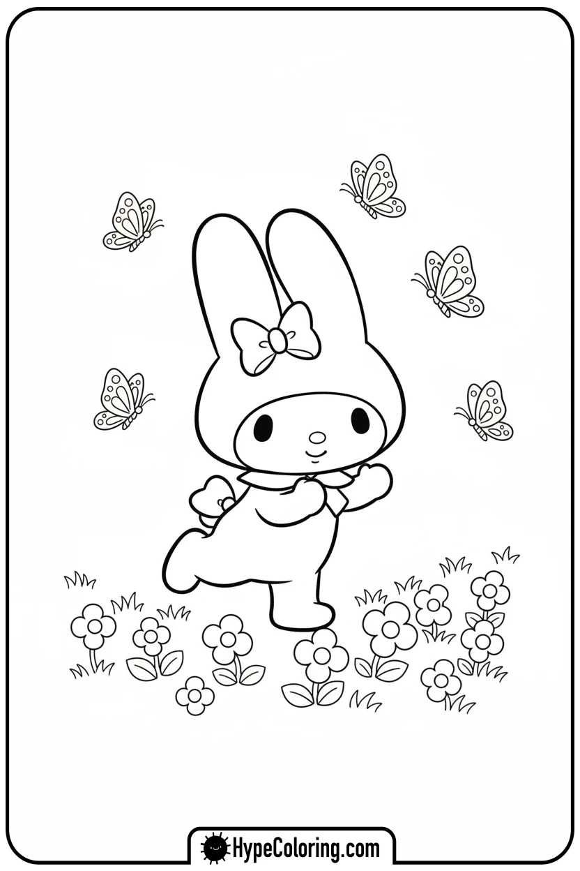 my-melody-skipping-in-a-flower-field - coloring pages my melody
